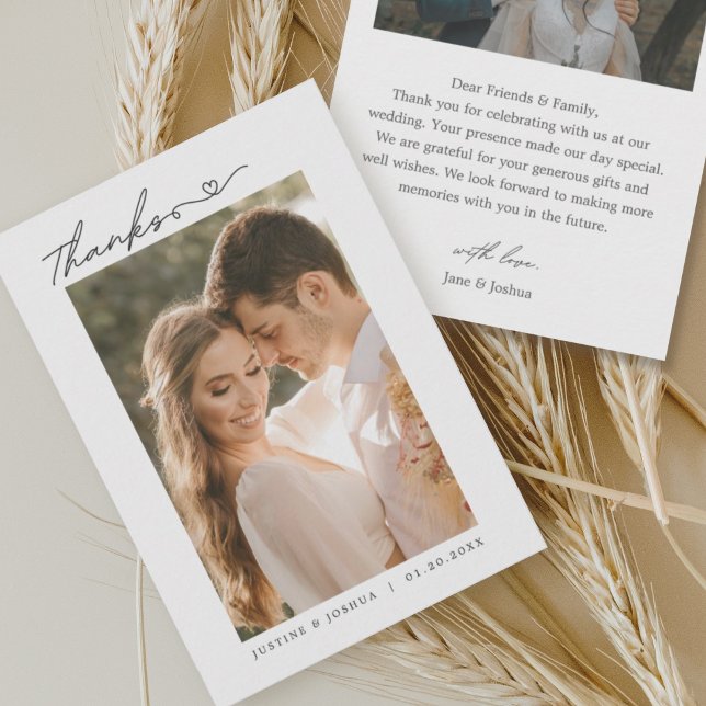 Simple Script Modern With Heart Wedding Photo Thank You Card (Creator Uploaded)