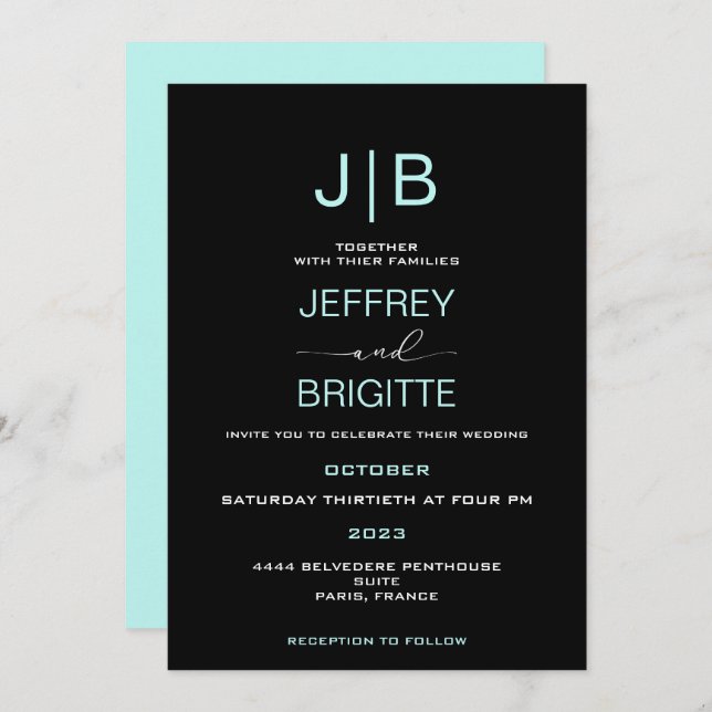 Simple script monogram, teal, and white wedding  invitation (Front/Back)
