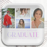 Simple Script Multi Photo Grad Graduation Party Paper Plate<br><div class="desc">Simple Script Multi Photo Grad Graduation Party Paper Plates Tableware features four of your favourite photos of your college or high school graduate on the front with the elegant modern purple calligraphy script "Graduate" overlay. Personalize with name, class of and school or college. Simple, stylish and classy. Created by ©Evco...</div>