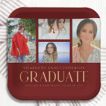 Simple Script Multi Photo Grad Graduation Party Paper Plate<br><div class="desc">Simple Script Multi Photo Grad Graduation Party Paper Plates Tableware features four of your favourite photos of your college or high school graduate on the front with the elegant modern gold calligraphy script "Graduate" overlay. Personalize with name, class of and school or college. Simple, stylish and classy. Created by ©Evco...</div>