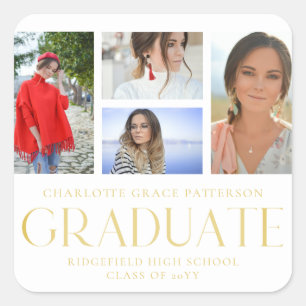 Simple Script Multi Photo Graduation Announcement Square Sticker