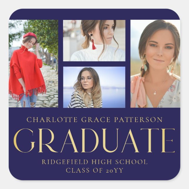 Simple Script Multi Photo Graduation Announcement Square Sticker (Front)
