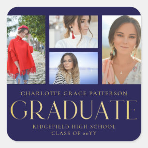 Simple Script Multi Photo Graduation Announcement Square Sticker