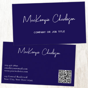 Simple Script Name and Text QR Code Navy Blue Business Card