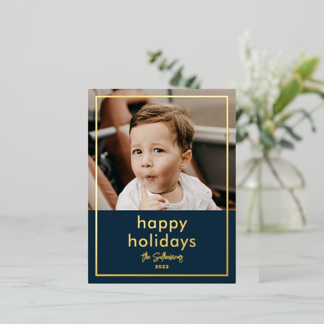 Simple Script Name Minimal Photo Foil Holiday Postcard (Standing Front)