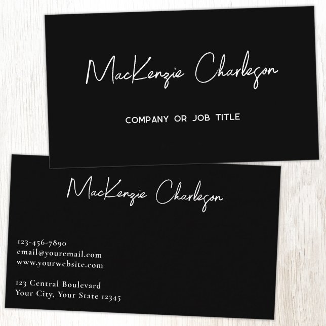 Simple Script Name Modern Black Business Card (Simple modern minimalist script professional business card design black)