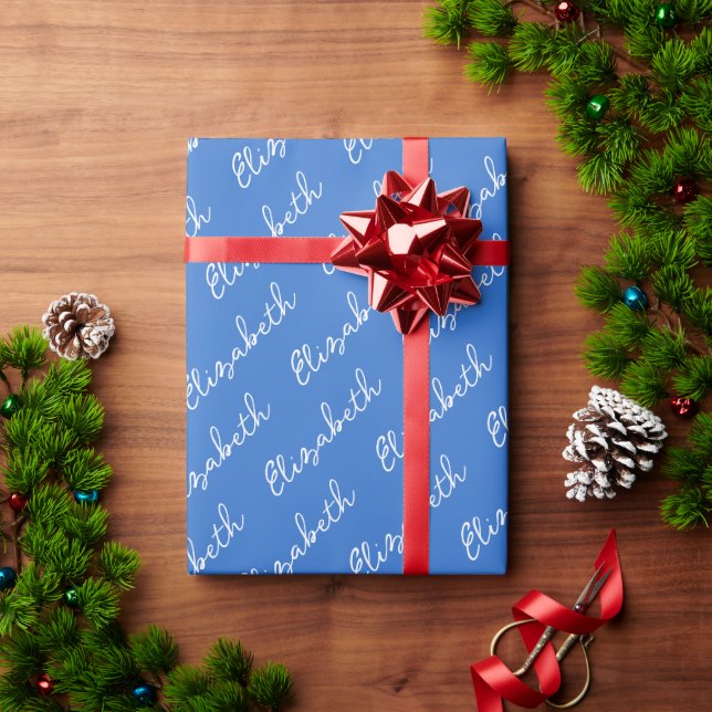 Simple Script Name Personalized Blue Wrapping Paper (Holiday Gift)