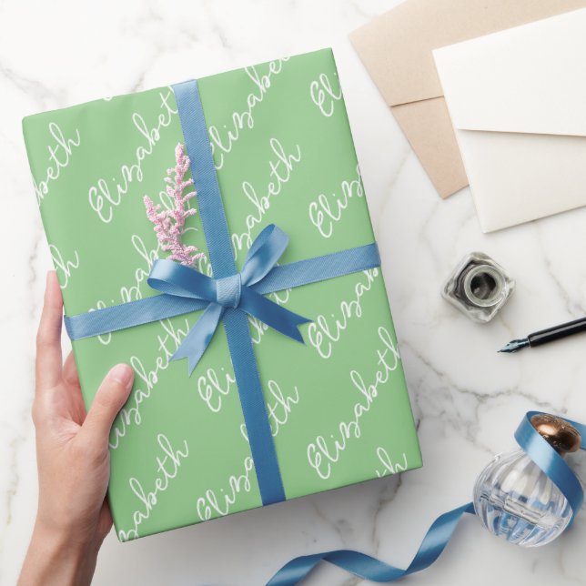 Simple Script Name Personalized Green Wrapping Paper (Gifting)