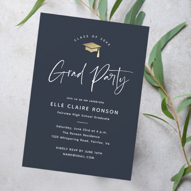 Simple Script Navy Blue Graduation Party Invitation (Modern script navy blue and gold graduation party invitation.)