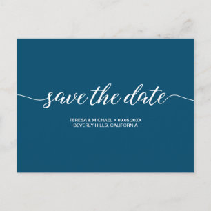 Simple script Navy Blue wedding Save the Date Postcard