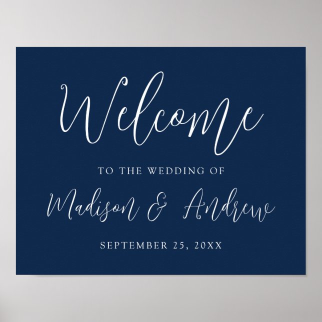 Simple Script Navy Wedding Welcome Poster (Front)