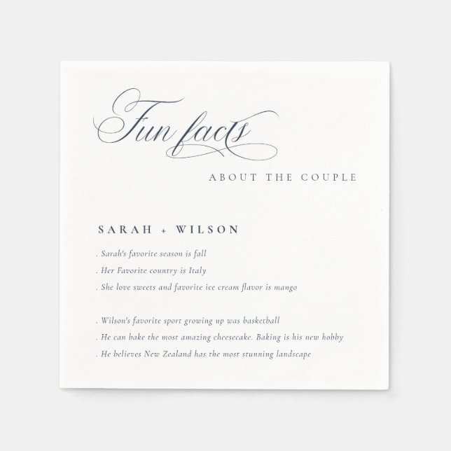 Simple Script Navy White Wedding Fun Facts Napkin (Front)