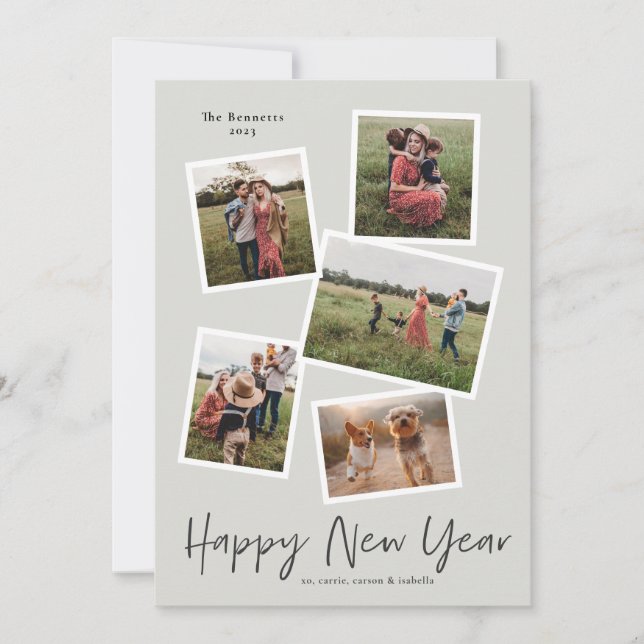 Simple Script New Year 5 Photo Collage Holiday Card (Front)