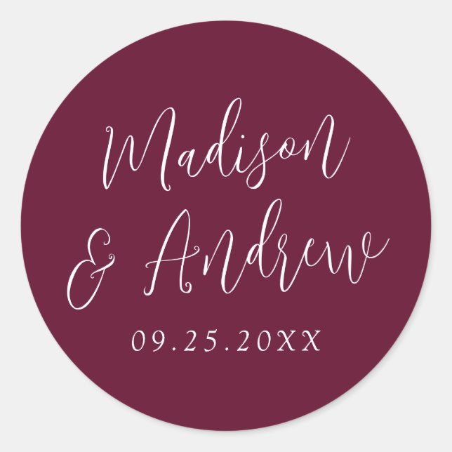 Simple Script Personalized Burgundy Wedding Classic Round Sticker (Front)