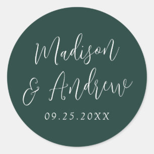 Simple Script Personalized Forest Green Wedding Classic Round Sticker