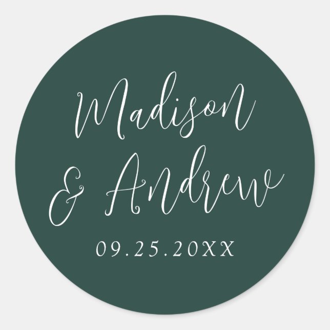 Simple Script Personalized Forest Green Wedding Classic Round Sticker (Front)