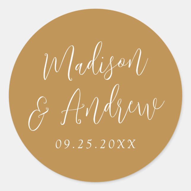 Simple Script Personalized Ochre Wedding Classic Round Sticker (Front)