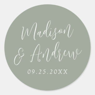 Simple Script Personalized Sage Green Wedding Classic Round Sticker