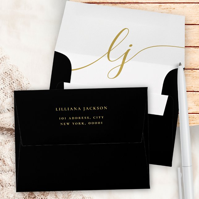 Simple Script Personalized Stationery Black Gold Envelope (Creator Uploaded)