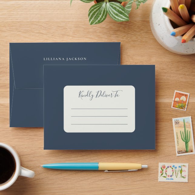 Simple Script Personalized Stationery Navy Ivory Envelope (Desk)