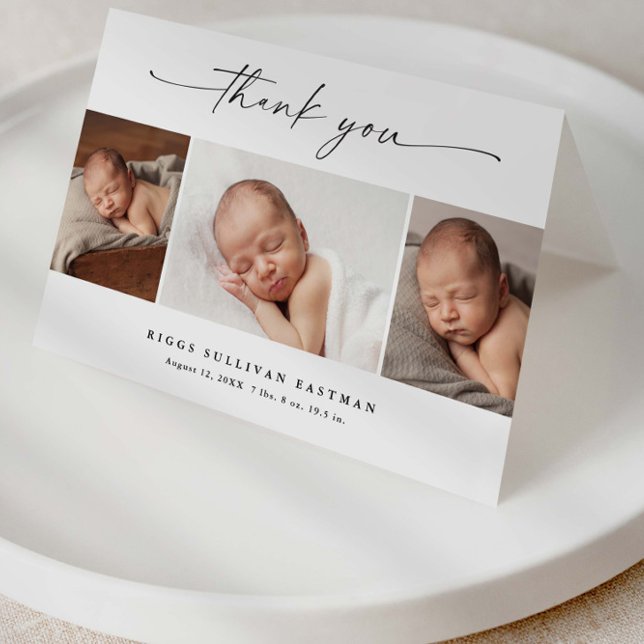 Simple Script Photo Collage Baby Thank You Card (Modern script 2 photo collage baby announcement thank you cards.)