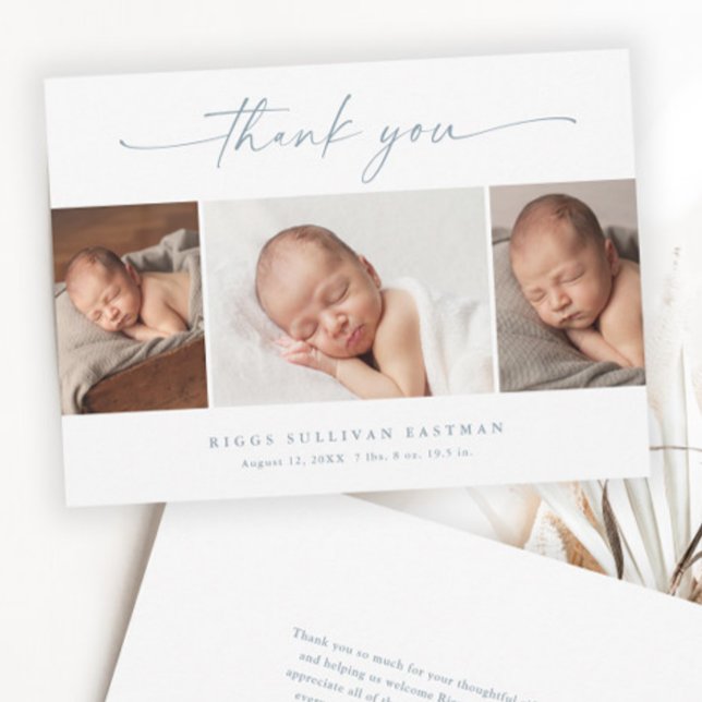 Simple Script Photo Collage Baby Thank You Card (Elegant Dusty Blue Script 3 Photo Collage Baby Thank You Cards.)