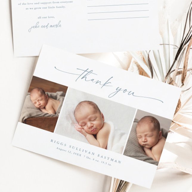 Simple Script Photo Collage Baby Thank You  Postcard (Dusty blue script 3 boys photo baby thank you cards.)