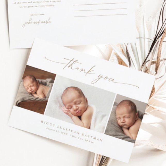 Simple Script Photo Collage Baby Thank You  Postcard (Gold script 3 photo baby thank you cards.)