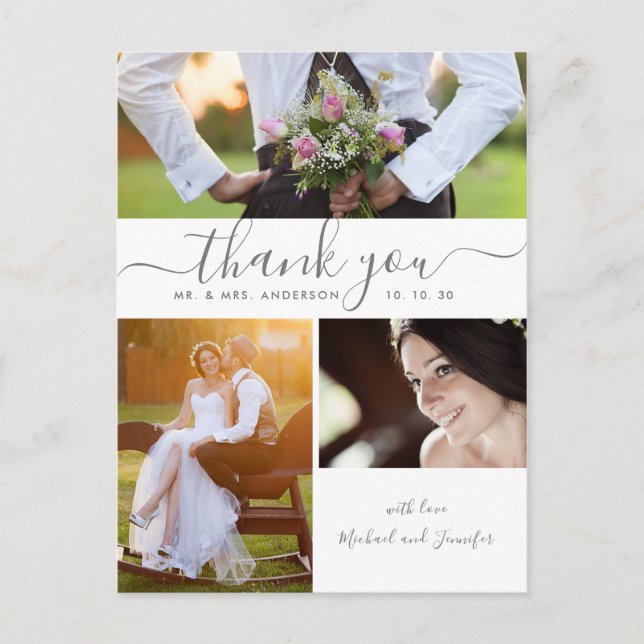 Simple Script Photo Collage Wedding Thank You Postcard (Front)