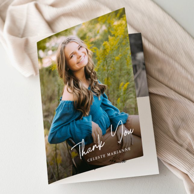 Simple Script Photo Graduation Thank You Card (Simple script photo graduation folded thank you cards.)