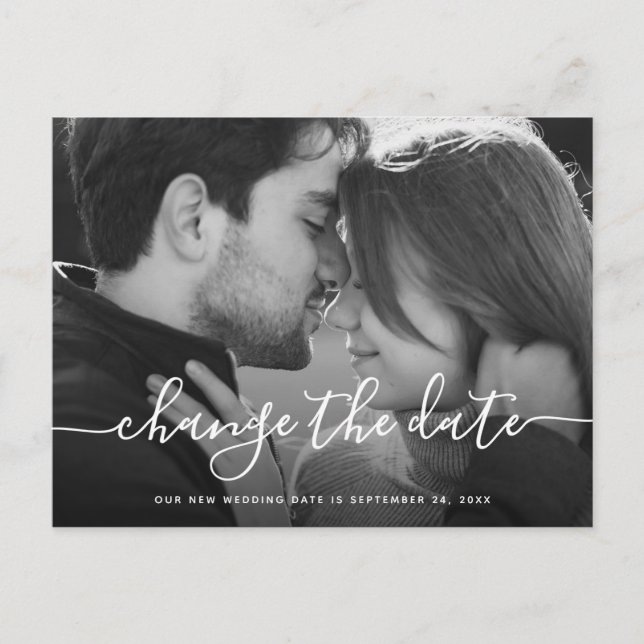 Simple Script | Photo Wedding Change the Date Postcard (Front)