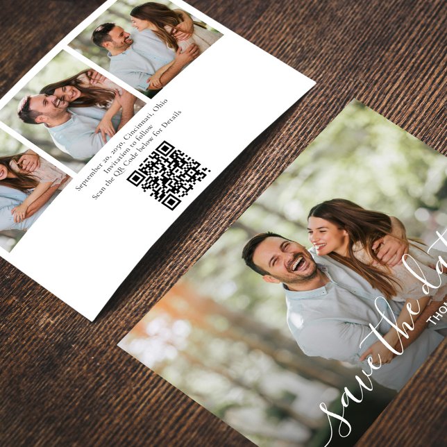 Simple Script Photo Wedding Save the Date Invitation (Wedding save-the-date photo card with a scannable QR code. )