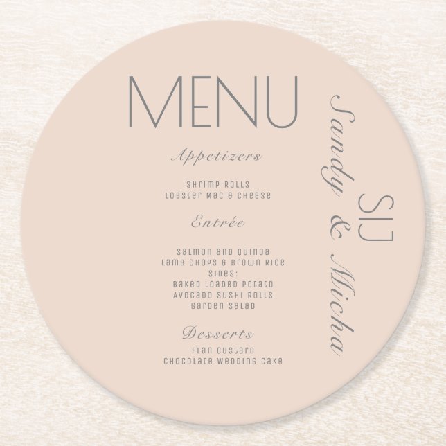 Simple Script Pink Grey Wedding Dinner Menu  Round Paper Coaster (Front)