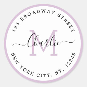 Simple script purple monogram return address classic round sticker