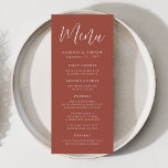 Simple Script Rust Wedding Menu<br><div class="desc">Simple wedding menu featuring "Menu" displayed in a white script with a rust background. Personalize the rust wedding menu by adding your names,  wedding date,  and menu information. Designed to coordinate with our Simple Script wedding collection.</div>