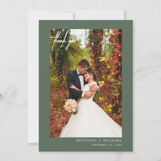Simple Script Sage Green Modern Photo Thank You Card (Front)