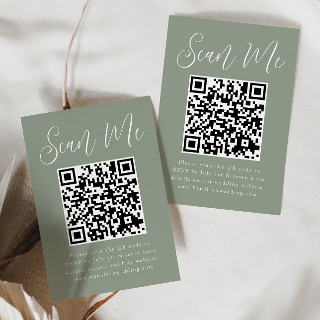 Simple Script Sage Green QR Code Wedding RSVP Enclosure Card (Creator Uploaded)