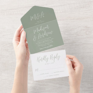 Simple Script Sage Green Wedding All In One Invitation