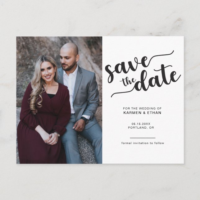 Simple Script Save the Date Black & White Photo Announcement Postcard (Front)