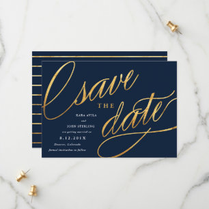 Simple Script Save the Dates   Navy Blue & Gold Date