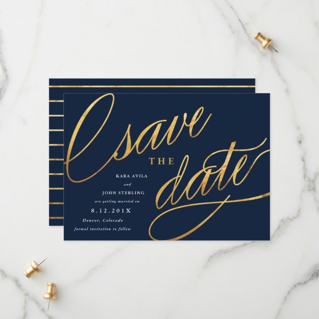 Simple Script Save the Dates | Navy Blue & Gold Save The Date (Front/Back In Situ)