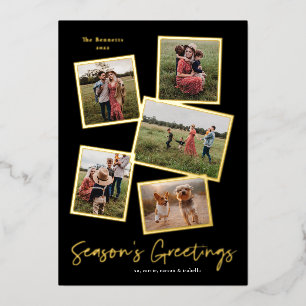 Simple Script Season's Greetings 5 Photo Collage Foil Holiday Card