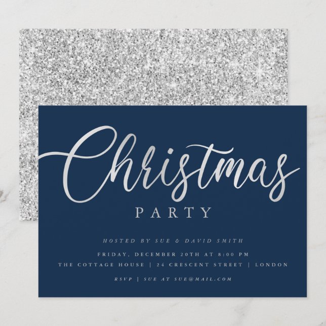 Simple Script Silver Navy Minimal Christmas Party Invitation (Front/Back)