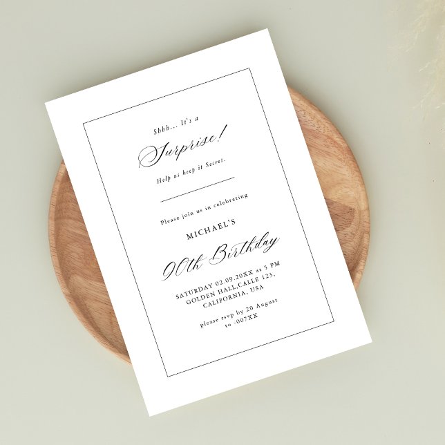 Simple Script Surprise 90th Birthday Black White  Invitation (Creator Uploaded)