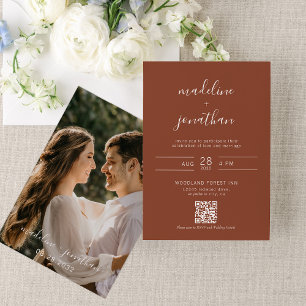 Simple Script Terracotta Photo QR Code Wedding  Invitation