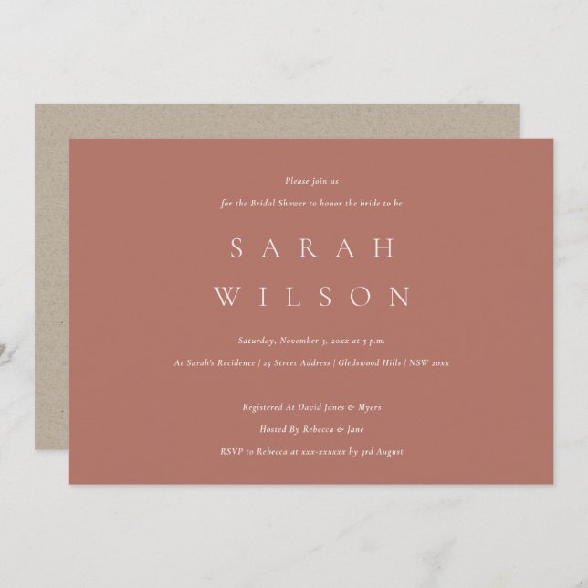 Simple Script Terracotta Rust Bridal Shower Invite (Front/Back)