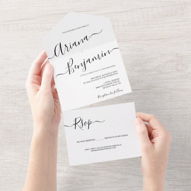 Simple Script Typography Black and white Wedding All In One Invitation (Tearaway)