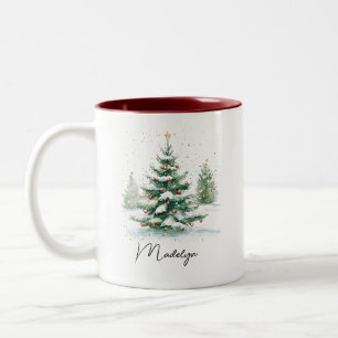 Simple Script Watercolor Christmas Tree Red Two-Tone Coffee Mug