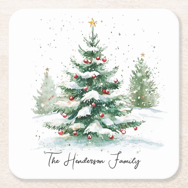 Simple Script Watercolor Christmas Tree Square Paper Coaster (Front)