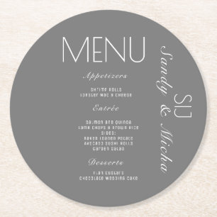 Simple Script  Wedding Dinner Menu Grey Round Paper Coaster